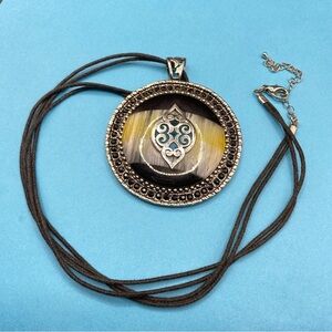Silver & Glass Pendant On Black Cording Long Necklace